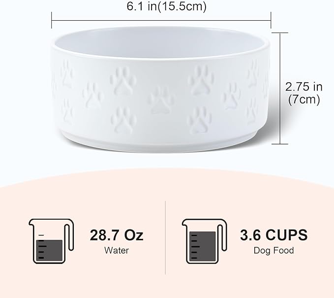 SPUNKYJUNKY Ceramic Dog and Cat Bowls 2 Pack, 6.1'' Dog and Cat Food Water Double Feeding Bowls Non-Slip for Large Sized Breed Microwave Dishwasher Safe - 28.7 OZ, 2pcs, Paw White