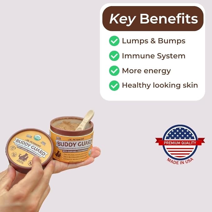Petsmont Buddy Guard for Lumps and Bumps, Lipoma for Dogs & Cats, Patent Pending Organic 8 Mushroom Powder Blend Natural Dog Probiotic & Immune Support Chaga, Reishi, Lion's Mane, Turkey Tail Mushroom
