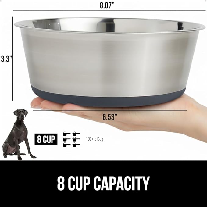 GORILLA GRIP Dog Bowl, Holds 8 Cups (64 fl oz), Heavy Duty Metal Food and Water Bowl for Feeding Dogs and Cats, Easy Clean, Dishwasher Safe, Rust Resistant Stainless Steel, BPA Free Rubber Base, Gray