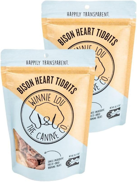 Winnie Lou The Canine Co. Freeze Dried Bison Heart Tidbits - Single Ingredient, Human-Grade, No Artificial Flavors or Fillers, Perfect for Training (Pack of 2)