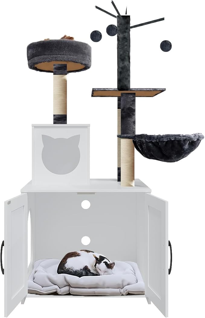 Cat Tree with Litter Box, Wood Litter Box Enclosure with Food Station, Modern Cat Tower for Indoor Large Cats with Large Platform,Cat Condo with Scratching Posts, Hammock, Caves, Basket,White