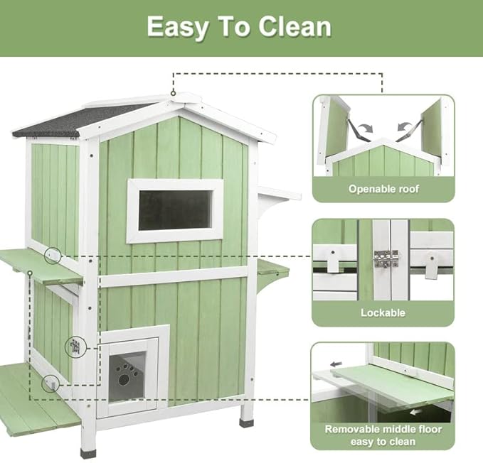 PetsCosset Outdoor Cat House Shelter Weatherproof, Two Story Wooden Outside Feral Cat House with Openable Roof, Escape Door