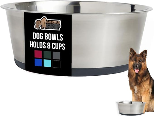 GORILLA GRIP Dog Bowl, Holds 8 Cups (64 fl oz), Heavy Duty Metal Food and Water Bowl for Feeding Dogs and Cats, Easy Clean, Dishwasher Safe, Rust Resistant Stainless Steel, BPA Free Rubber Base, Gray
