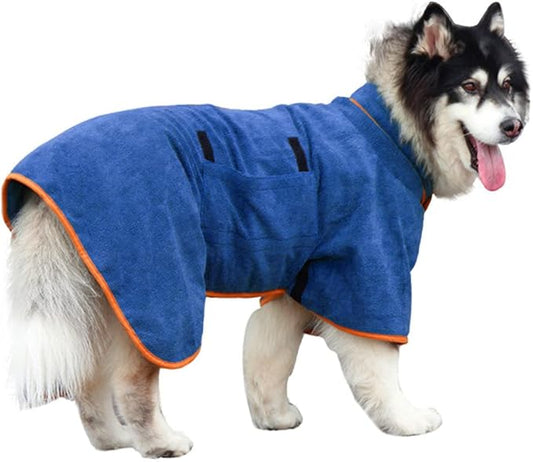 Dog Drying Coat Bathrobe Towel, Microfibre Material Fast Drying Super Absorbent Dog Bath Robe, Pet Quick Drying Moisture Absorbing with Adjustable Collar and Waist