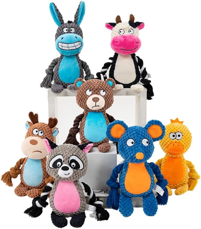 Plush Bear Dog Toy with Rope Arms, Squeaky Interactive Pet Toy, Brown and Blue, for Small & Medium Dogs