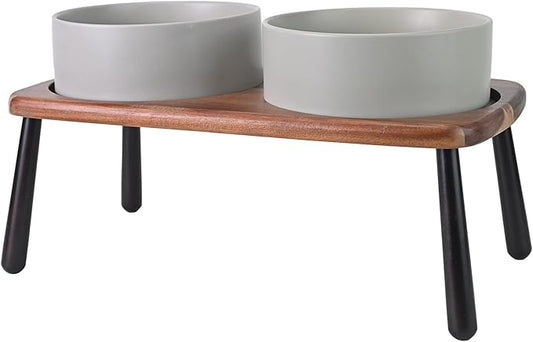 SPUNKYJUNKY Ceramic Elevated Dog Bowls Raised with Acacia Bamboo Wooden Stand, 8.3'' Dog Food Water Bowls Set Non-Slip for Medium Large Sized Breed Microwave Dishwasher Safe - 60 OZ,Grey