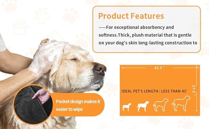Super Absorbent Microfiber Dog Towels - Soft Pet Grooming Towel for Drying & Bathing Large, Medium or Small Dogs - 42.5" x 27.5" Perfect for Pet Shower & Pet Supplies! Grey