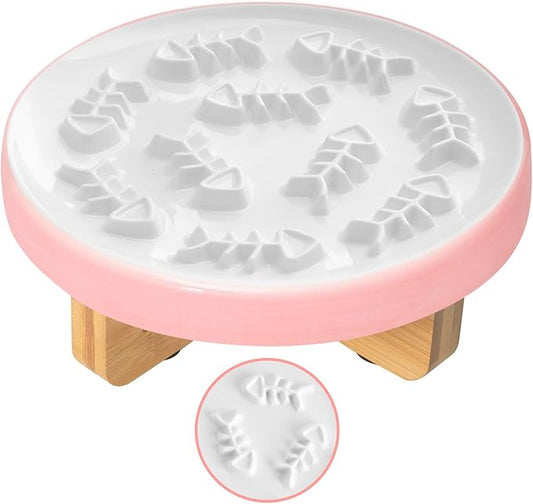 Raised Cat and Dog Slow Feeder Bowl With Stand, Ceramic Elevated Bowls for Healthy Eating Diet, Pet Puzzle Feeder, 3'' High, 8.5'' Wide