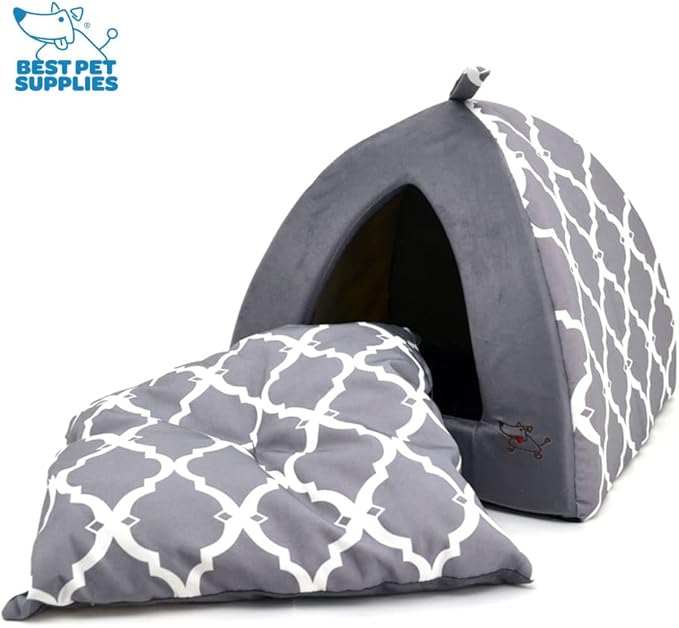 Best Pet Supplies Dog House Bed Crate Mat Tent Indoor Round Soft Plush for Small, Medium, and Large Breeds - Gray Lattice, 19 x 19 x H:19"