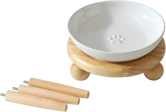 Raised Ceramic Wide Whisker Friendly Cat Dish, Anti-Slip Food&Water Bowl with 2 Style Stand Adjustable Pet Bowl Set (1Dish+Stand, White)
