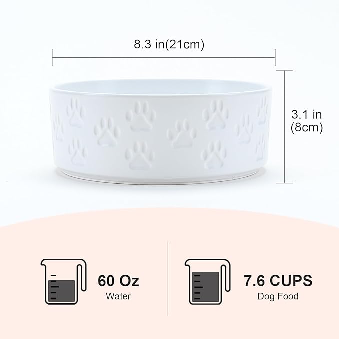 SPUNKYJUNKY Ceramic Dog Bowls 2 Pack, 8.3'' Dog Food Water Double Feeding Bowls Non-Slip for Medium to Large Sized Breed Microwave Dishwasher Safe - 60 OZ, 2pcs, Paw White