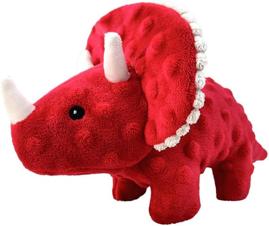 Squeaky Dog Toys Plush Dog Toy with Crinkle Paper Stuffed Durable Dog Chew Toys for Small Middle and Large Dogs Triceratops Red