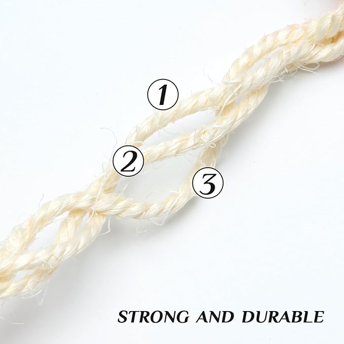 White Sisal Rope 1/4 Inch by 65-Feet for Cat Scratching Post Tree Tower Replacement Repair and Replace, DIY Hemp Twine Rope for Kittens Shelves Furniture Window Bed Perch Kicker Toys, 6mm by 20m