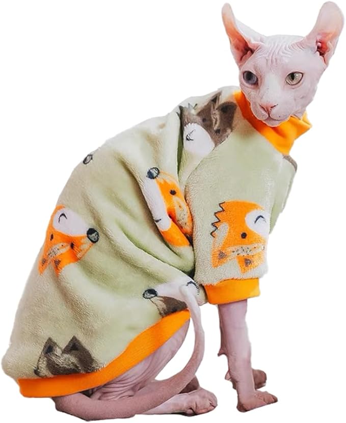 Sphynx Cat Warm Turtleneck Sweater, Thick Soft Double-Sided Fleece Clothes for Cats, Two-Legged Winter Onesie for Cats and Small Dogs,Pjs for Cats and Puppy (Fox, S (2-3.5lbs))