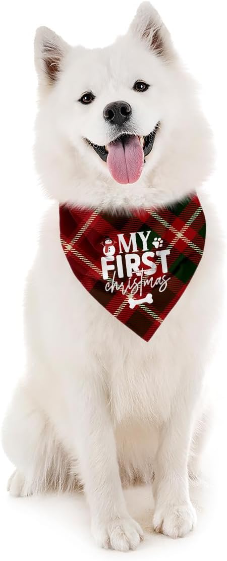 Dog Bandanas, Christmas Dog Bandanas, Red Plaid Dogs Bandana, My First Christmas Pet Triangle Scarf, Holiday Bandana for Small Medium Dogs
