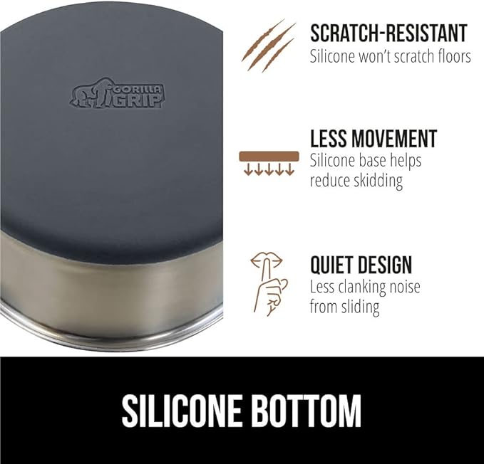 GORILLA GRIP Dog Bowl, Holds 8 Cups (64 fl oz), Heavy Duty Metal Food and Water Bowl for Feeding Dogs and Cats, Easy Clean, Dishwasher Safe, Rust Resistant Stainless Steel, BPA Free Rubber Base, Gray