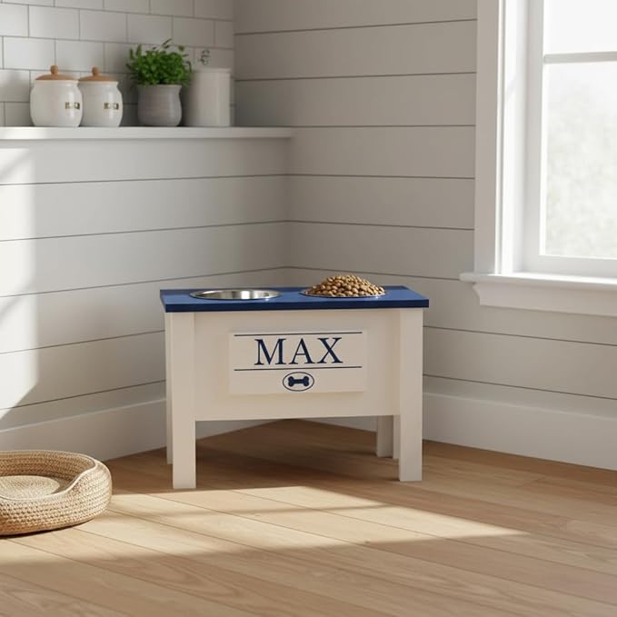 GrooveThis Woodshop - Personalized Elevated Dog Bowl Stand for Large, Medium, Small, X-Small Dogs - Stainless Steel Food and Water Bowls - Raised Dog Dish (X-Large, Blue)