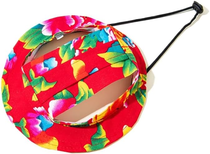 Dog Cat Sunshade Anti-strangle Hat Exposed Ears Adjustable Rope Buckle Bucket Hat Pet Supplies (L,Big red Flower)