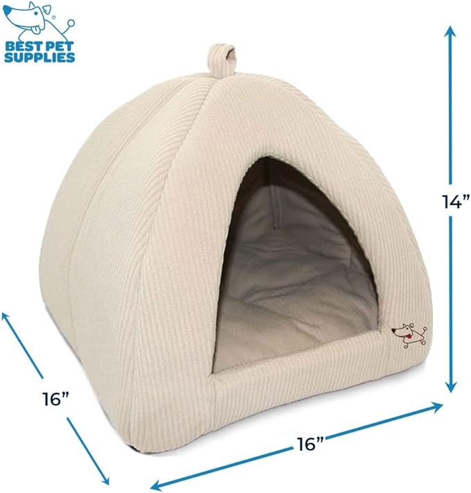 Best Pet Supplies Dog House Bed Crate Mat Tent Indoor Round Soft Plush for Small, Medium, and Large Breeds - Beige Corduroy, 16 x 16 x H:14"