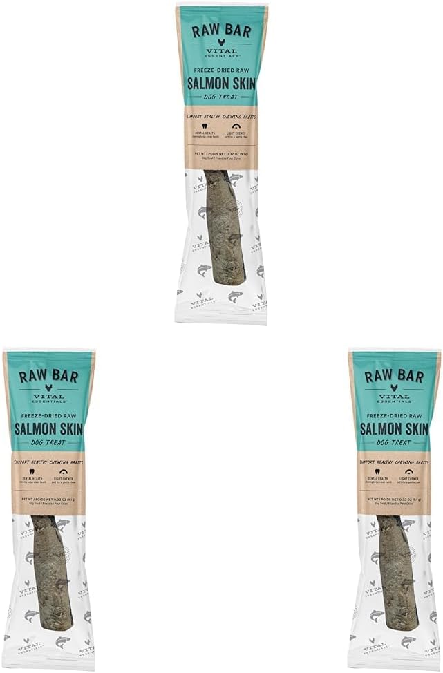 Vital Essentials Freeze-Dried Raw Salmon Skin Dog Treat & Natural Chew, 3-Pack | Single Ingredient Dog Treat for Light Chewers | Made in USA