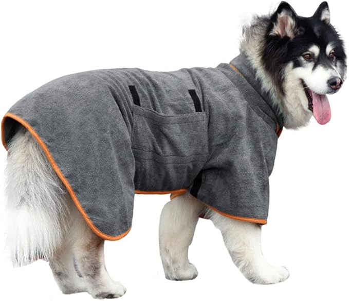 Dog Drying Coat Bathrobe Towel, Microfibre Material Fast Drying Super Absorbent Dog Bath Robe, Pet Quick Drying Moisture Absorbing with Adjustable Collar and Waist