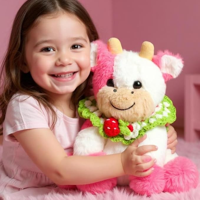Hopearl Adorable Plush Cow Toy with Knitted Cute Strawberry Bib Floppy Dairy Cattle Soft Stuffed Animal Gifts for Boys Girls Kids Toddlers, Pink, 9''