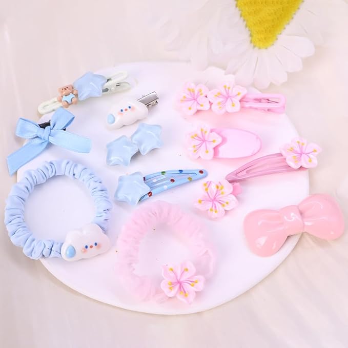 Hair Clips for Women, Acrylic Resin Hair Accessories set with Hairbands Colored Hair Ties, Flower, Rainbow, Little Bear Clips Cute pattern for Birthday Prom Cosplay Party (blue Cloud pink flower)