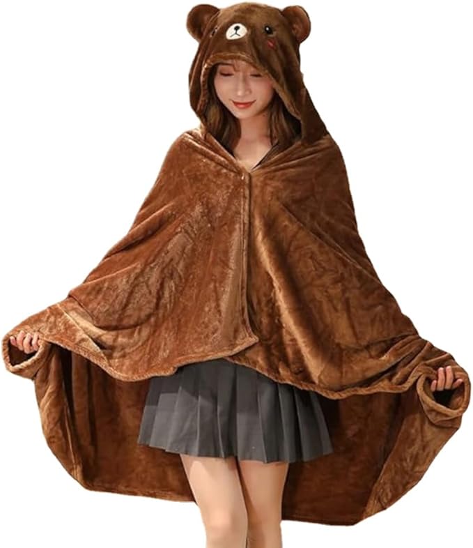 Cute Wearable Blanket Soft Cape for Adult Women Men Warm Cozy Hoodie Cute Animal Bear Cat Bunny Carpet Home