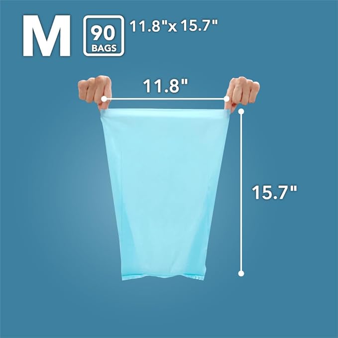 Best Odor-Sealing Cat Poop Bags, BOS for Pet Waste & Kitty Litter - Disposal Bags - Scent & Smell Free (90 bags) [Size: M, Color: Light blue] NOT a litter box liner (Pack of 1)