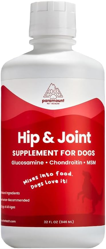 Paramount Pet Health Liquid Glucosamine for Dogs, 1600mg Glucosamine Chondroitin MSM, Hip & Joint Supplement for Large Dogs, Liquid Arthritis Relief & Mobility Support, 32 oz