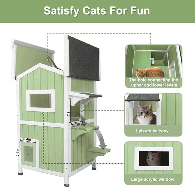 PetsCosset Outdoor Cat House Shelter Weatherproof, Two Story Wooden Outside Feral Cat House with Openable Roof, Escape Door