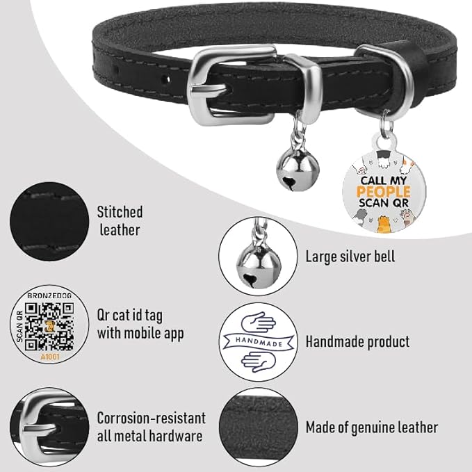 BRONZEDOG Leather Cat Collar with Removable Bells Non Breakaway Kitten QR Tag for Girl Boy (9" - 12" Cats/Mini Dogs, Black & Silver)