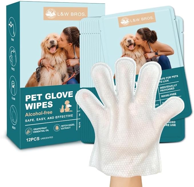 L&W BROS. Pet Wipes Gloves - Safe, Alcohol-Free, and Individually Packaged for Convenient Grooming Disposable Premium Flush-Free Dog Wipes Cleaning Deodorizing Hypoallergenic Wipes(Unscented 12PC)