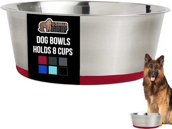 GORILLA GRIP Dog Bowl, Holds 8 Cups (64 fl oz), Heavy Duty Metal Food and Water Bowl for Feeding Dogs and Cats, Easy Clean, Dishwasher Safe, Rust Resistant Stainless Steel, BPA Free Rubber Base, Red