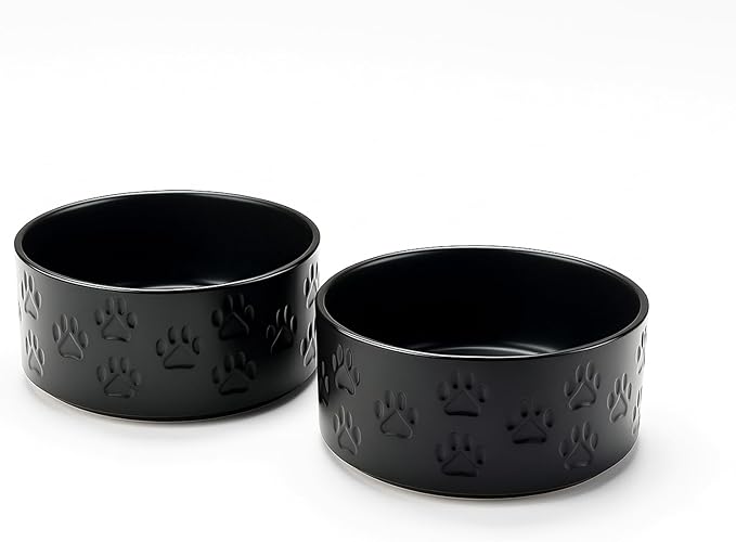SPUNKYJUNKY Ceramic Dog and Cat Bowls 2 Pack, 6.1'' Dog and Cat Food Water Double Feeding Bowls Non-Slip for Large Sized Breed Microwave Dishwasher Safe - 28.7 OZ, 2pcs, Paw Black