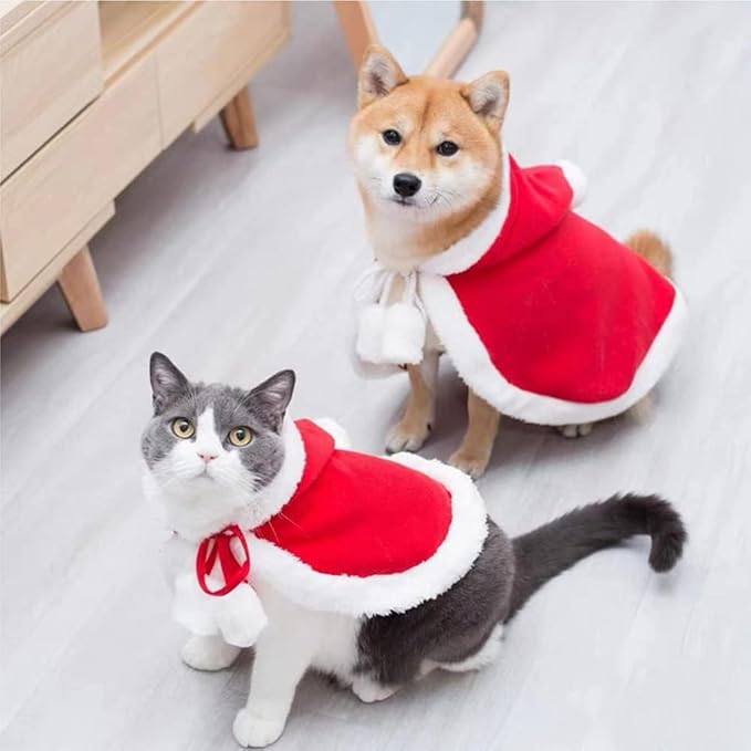 ANIAC Pet Christmas Costume Poncho Cape with Hat Santa Claus Cloak for Cats and Small Dogs Red Christmas Dog Costume Holiday Cat Outfit(Medium)…