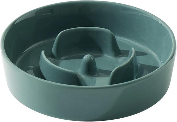 Ceramic 0.9 Cup Dog Bowl Slow Feeder for Small Dog, 6.1inch Pet Slow Feeder, Wet and Dry Food Dish, Stop Bloat, Preventing Choking(Single Bowl-Dark Green)