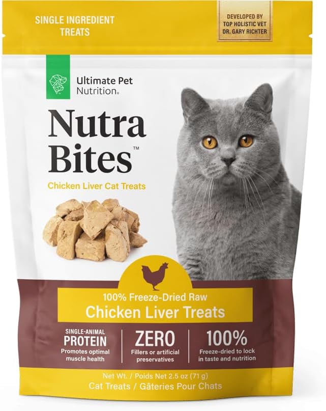 ULTIMATE PET NUTRITION Nutra Bites for Cats, Freeze Dried Raw Treats, Single Ingredient, Grain Free, (2.5oz, Chicken Liver)
