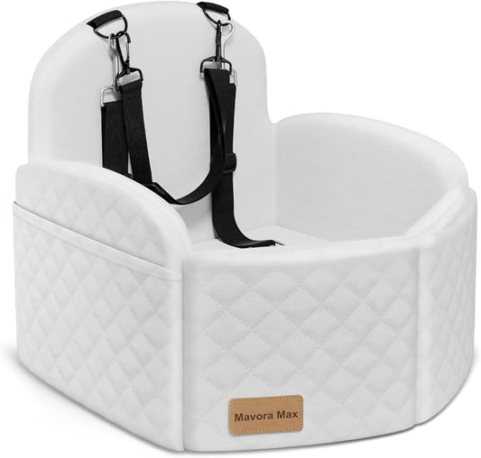 Dog Car Seat for Small/Medium Dogs, Elevated Dog Booster Seat Memory Foam Puppy Car Seat with Washable Cover, Travel Safety Pet Seat Bed for Car with Storage Pockets Up to 35 lbs (White)