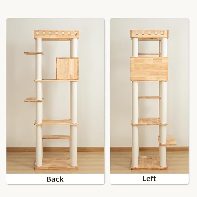 74" Wooden Cat Tree Tower for Large Cats, Multi-Level Cat Climbing Furniture with Scratching Posts, Cat Condo & Hammock, Natural Wood Cat Activity Center(White)