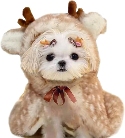 ANIAC Christmas Puppy Reindeer Costume Xmas Dog Elk Cloak with Antlers Cat Santa Cape Christmas Dog Outfit for Small Medium Dog (Small, Brown)
