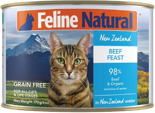 Feline Natural New Zealand Canned Catfood Wet Food, High-Meat, Low-Carb, & Grain Free Cat Food Wet, Beef Feast, 6 oz, Pack of 12