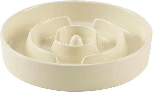 Ceramic 1.2 Cup Slow Feeder Dog Bowl for Medium and Small Breed, 7.3inch Puzzle Dog Food Dish, Anti-Gulping, Stop Bloat, Preventing Choking (Single Bowl-Beige)