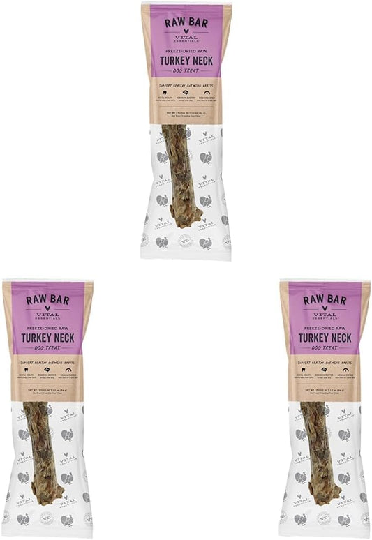 Vital Essentials Freeze-Dried Raw Turkey Neck Dog Treat & Natural Chew, 3-Pack | Single Ingredient Dog Treat for Medium Chewers | Made in USA