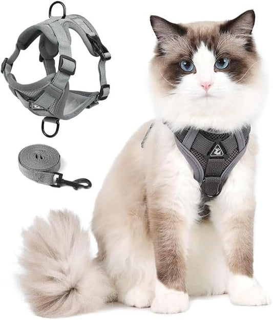 Cat Harness and Leash Set, Upgraded Escape Proof Adjustable Vest with Lead for Kitten Puppy Outdoor Walking, Soft Breathable Mesh Jacket with Reflective Strips for Dark Night, M, Gray