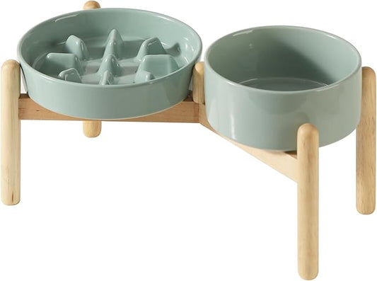 Ceramic 1.2 Cup Raised Slow Feeder Dog Bowl Set, Elevated 6.1inch Bowl and 7.3inch Slow Pet Food Dish with Wooden Stand for Small and Medium Dog (2 x Light Green+ Stand)