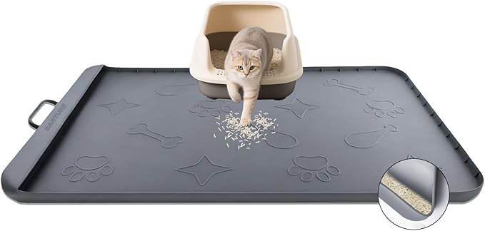 Silicone Cat Litter Mat with Collection Pocket, 42" x 28" Large Cat Litter Box Mat Waterproof Anti-Slip Litter Trapping Mat with Edge and Handle Pet Placemat for Floors (Dark Grey)