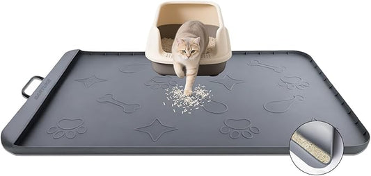 Silicone Cat Litter Mat with Collection Pocket, 42" x 28" Large Cat Litter Box Mat Waterproof Anti-Slip Litter Trapping Mat with Edge and Handle Pet Placemat for Floors (Dark Grey)