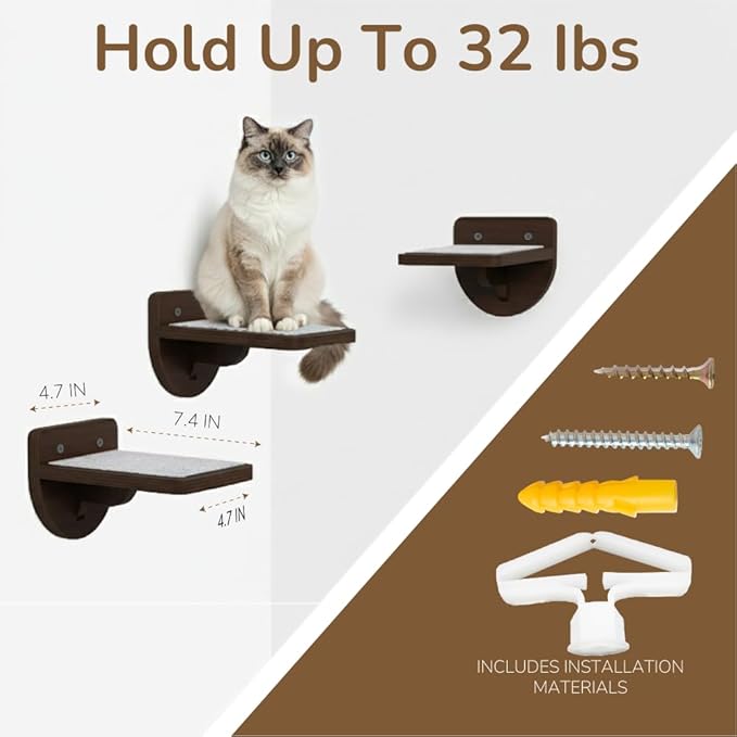 45LBS Capacity Cat Window Perch with Bolster, Hammock Seat with Premium Plywood & Metal Frame, Cat Window Bed for Indoor Cats & Kittens, Extra Cood Pad (Walnut, Cat Wall Steps)