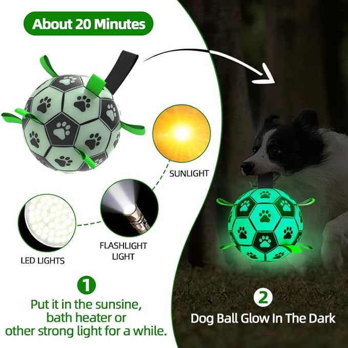 QDAN Glow in The Dark Dog Toys Soccer Ball with Straps, Outdoor Interactive Dog Toys Puppy Birthday Gifts, Dog Tug Water Toy, Light Up Dog Balls for Small & Medium Dogs（6 Inch Size 2）